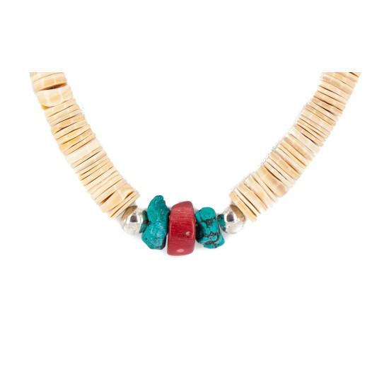 .925 Sterling Silver Certified Authentic Navajo Natural Turquoise Graduated Melon Shell Coral Native American Necklace 95004-1
