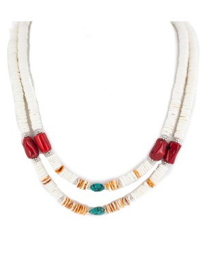 2 Strand .925 Sterling Silver Navajo Certified Authentic Natural Turquoise Graduated Heishi Coral Native American Necklace  95007-1