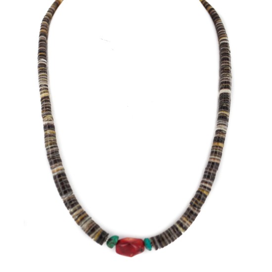 .925 Sterling Silver Certified Authentic Navajo Natural Turquoise Graduated Heishi Coral Native American Necklace 95004-10