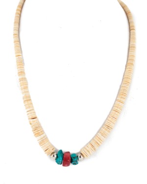 .925 Sterling Silver Certified Authentic Navajo Natural Turquoise Graduated Melon Shell Coral Native American Necklace 95004-1