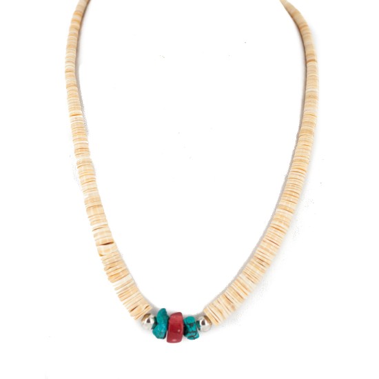 .925 Sterling Silver Certified Authentic Navajo Natural Turquoise Graduated Melon Shell Coral Native American Necklace 95004-1