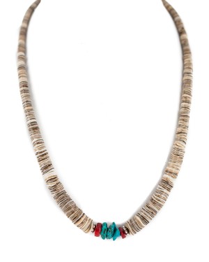 .925 Sterling Silver Navajo Certified Authentic Natural Turquoise Graduated Heishi Coral Native American Necklace 95004-3