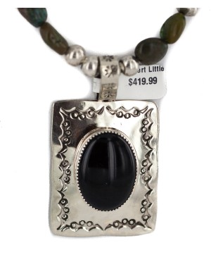 Certified Authentic .925 Sterling Silver and Nickel Handmade Navajo Natural Turquoise Black Onyx Native American Necklace  94006-2-95003-2