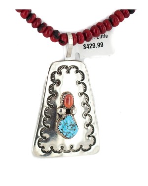 Certified Authentic .925 Sterling Silver and Nickel Handmade Navajo Natural Turquoise Coral Native American Necklace  94007-16039-1