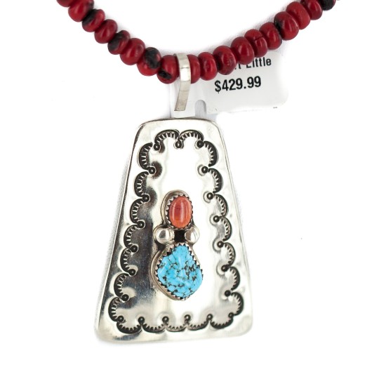Certified Authentic .925 Sterling Silver and Nickel Handmade Navajo Natural Turquoise Coral Native American Necklace  94007-16039-1