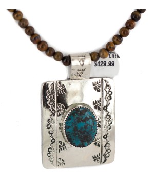 Certified Authentic .925 Sterling Silver and Nickel Handmade Navajo Natural Turquoise Tigers Eye Native American Necklace  94005-6-95001-1