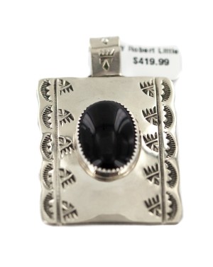 Certified Authentic Bear Paw Handmade Navajo Natural Black Onyx Native American Nickel Pendant  94006-1
