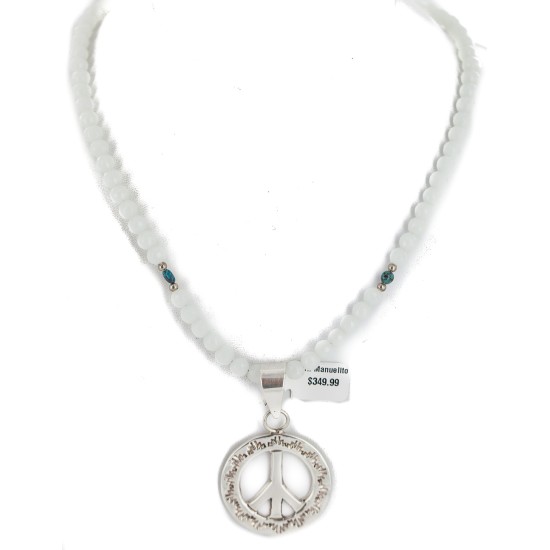 .925 Sterling Silver Peace Handmade Certified Authentic Navajo Natural Turquoise and Quartz Native American Necklace 94011-16076-10