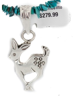 .925 Sterling Silver Deer Handmade Certified Authentic Navajo Natural Turquoise Native American Necklace 94009-3-750124