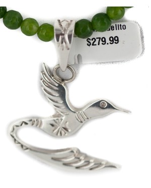 .925 Sterling Silver Hummingbird Handmade Certified Authentic Navajo Natural Jade and Hematite Native American Necklace 94009-4-16076-3