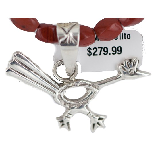 .925 Sterling Silver Roadrunner Handmade Certified Authentic Navajo Natural Jasper and Hematite Native American Necklace 94009-1-16047-6