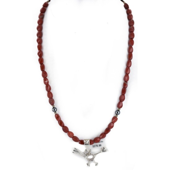 .925 Sterling Silver Roadrunner Handmade Certified Authentic Navajo Natural Jasper and Hematite Native American Necklace 94009-1-16047-6