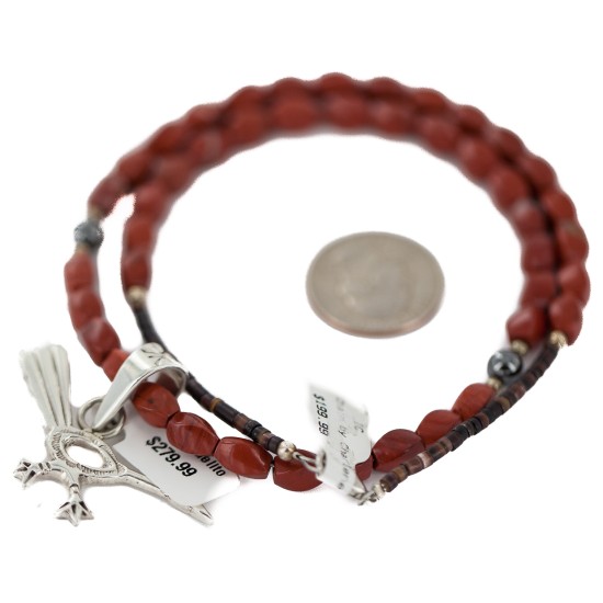 .925 Sterling Silver Roadrunner Handmade Certified Authentic Navajo Natural Jasper and Hematite Native American Necklace 94009-1-16047-6