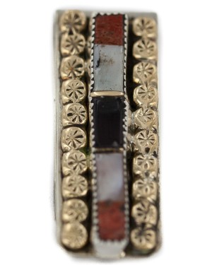 Navajo Handmade Certified Authentic .925 Sterling Silver Inlaid Natural Black Onyx Spiny Oyster Mother of Pearl Native American Nickel and Brass Money Clip 91003-3