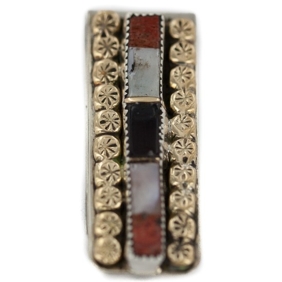 Navajo Handmade Certified Authentic .925 Sterling Silver Inlaid Natural Black Onyx Spiny Oyster Mother of Pearl Native American Nickel and Brass Money Clip 91003-3