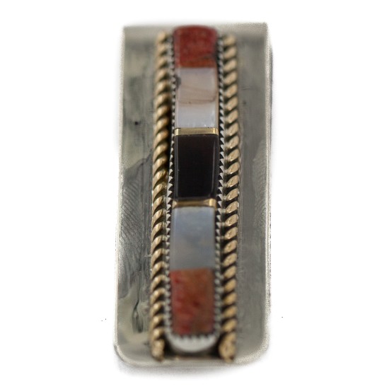 Navajo Handmade Certified Authentic .925 Sterling Silver Inlaid Natural Black Onyx Spiny Oyster Mother of Pearl Native American Nickel Money Clip 91003-5