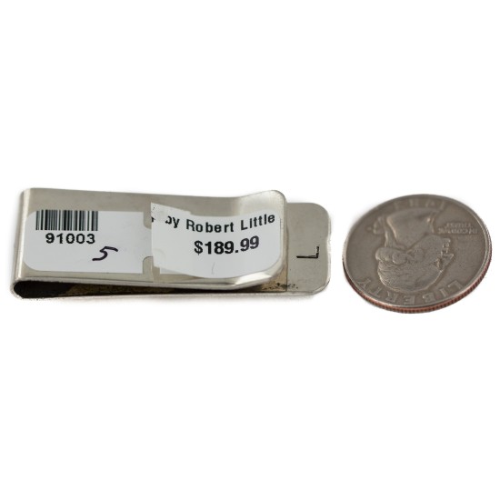Navajo Handmade Certified Authentic .925 Sterling Silver Inlaid Natural Black Onyx Spiny Oyster Mother of Pearl Native American Nickel Money Clip 91003-5