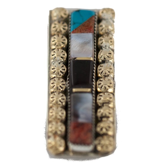 Navajo Handmade Certified Authentic .925 Sterling Silver Inlaid Natural Black Onyx Spiny Oyster Turquoise Mother of Pearl Native American Nickel and Brass Money Clip 91003-2