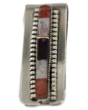 Navajo Handmade Certified Authentic .925 Sterling Silver Inlaid Natural Mother of Pearl Black Onyx Spiny Oyster Native American Nickel Money Clip 91003-7