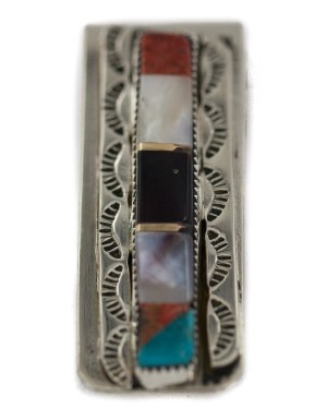 Navajo Handmade Certified Authentic .925 Sterling Silver Inlaid Natural Mother of Pearl Black Onyx Spiny Oyster Turquoise Native American Nickel Money Clip 91003-1