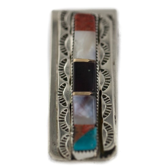 Navajo Handmade Certified Authentic .925 Sterling Silver Inlaid Natural Mother of Pearl Black Onyx Spiny Oyster Turquoise Native American Nickel Money Clip 91003-1