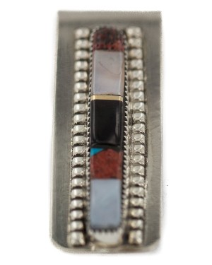 Navajo Handmade Certified Authentic .925 Sterling Silver Inlaid Natural Mother of Pearl Black Onyx Spiny Oyster Turquoise Native American Nickel Money Clip 91003-8