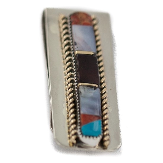 Navajo Handmade Certified Authentic .925 Sterling Silver Inlaid Natural Mother of Pearl Spiny Oyster Red Jasper Turquoise Native American Nickel Money Clip 91003-6