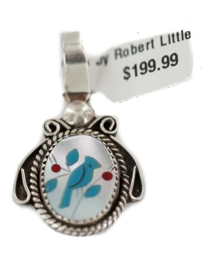 Bird .925 Sterling Silver Navajo Inlaid Coral Natural Mother of Pearl Turquoise Native American Pendant 94002 Bird .925 Sterling Silver Navajo Inlaid Coral Natural Mother of Pearl Turquoise Native American Pendant 94002