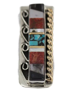 Navajo .925 Sterling Silver Handmade Inlaid Natural Black Onyx Mother of Pearl Spiny Oyster Turquoise Native American Nickel and Brass Money Clip 91001-5
