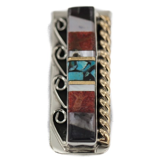Navajo .925 Sterling Silver Handmade Certified Authentic Inlaid Natural Black Onyx Mother of Pearl Spiny Oyster Turquoise Native American Nickel and Brass Money Clip 91001-5