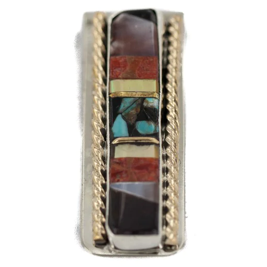 Navajo .925 Sterling Silver Handmade Inlaid Natural Black Onyx Mother of Pearl Spiny Oyster Turquoise Native American Nickel and Brass Money Clip 91001-9 Navajo .925 Sterling Silver Handmade Inlaid Natural Black Onyx Mother of Pearl Spiny Oyster Turquoise Native American Nickel and Brass Money Clip 91001-9