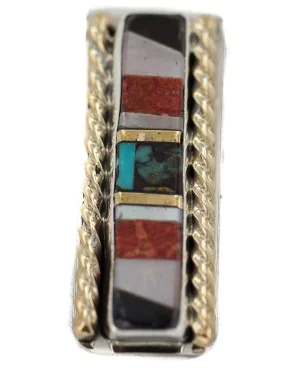 Navajo Handmade .925 Sterling Silver Inlaid Natural Black Onyx Mother of Pearl Spiny Oyster Turquoise Native American Nickel and Brass Money Clip 91001-3