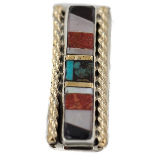 Navajo Handmade Certified Authentic .925 Sterling Silver Inlaid Natural Black Onyx Mother of Pearl Spiny Oyster Turquoise Native American Nickel and Brass Money Clip 91001-3