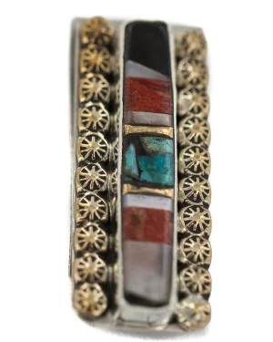Navajo Handmade .925 Sterling Silver Inlaid Natural Black Onyx Mother of Pearl Spiny Oyster Turquoise Native American Nickel and Brass Money Clip 91001-8