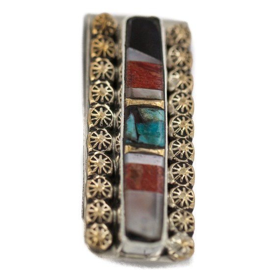 Navajo Handmade Certified Authentic .925 Sterling Silver Inlaid Natural Black Onyx Mother of Pearl Spiny Oyster Turquoise Native American Nickel and Brass Money Clip 91001-8