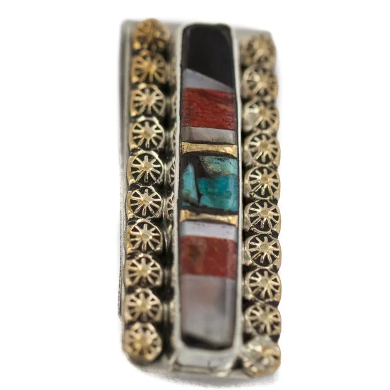 Navajo Handmade .925 Sterling Silver Inlaid Natural Black Onyx Mother of Pearl Spiny Oyster Turquoise Native American Nickel and Brass Money Clip 91001-8 Navajo Handmade .925 Sterling Silver Inlaid Natural Black Onyx Mother of Pearl Spiny Oyster Turquoise Native American Nickel and Brass Money Clip 91001-8
