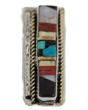 Navajo Handmade .925 Sterling Silver Inlaid Natural Spiny Oyster Turquoise Mother of Pearl Black Onyx Native American Nickel Money Clip 91001-7