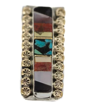 Navajo Handmade .925 Sterling Silver Inlaid Natural Turquoise Mother of Pearl Spiny Oyster Black Onyx Native American Nickel and Brass Money Clip 91001-1