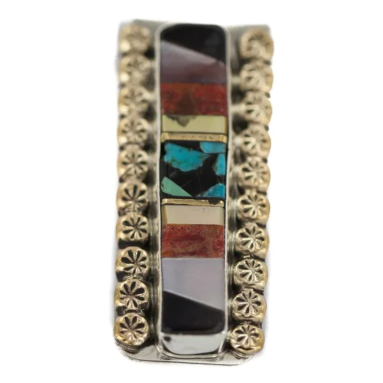 Navajo Handmade .925 Sterling Silver Inlaid Natural Turquoise Mother of Pearl Spiny Oyster Black Onyx Native American Nickel and Brass Money Clip 91001-1 Navajo Handmade .925 Sterling Silver Inlaid Natural Turquoise Mother of Pearl Spiny Oyster Black Onyx Native American Nickel and Brass Money Clip 91001-1