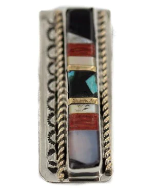 Navajo Handmade .925 Sterling Silver Inlaid Natural Turquoise Mother of Pearl Spiny Oyster Black Onyx Native American Nickel Money Clip 91001-10
