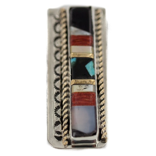 Navajo Handmade Certified Authentic .925 Sterling Silver Inlaid Natural Turquoise Mother of Pearl Spiny Oyster Black Onyx Native American Nickel Money Clip 91001-10