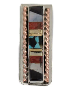 Navajo Handmade Pure .925 Sterling Silver Copper Inlaid Natural Turquoise Mother of Pearl Spiny Oyster Black Onyx Native American Nickel Money Clip 91001-4