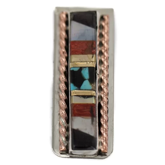 Navajo Handmade Pure .925 Sterling Silver Copper Inlaid Natural Turquoise Mother of Pearl Spiny Oyster Black Onyx Native American Nickel Money Clip 91001-4 Navajo Handmade Pure .925 Sterling Silver Copper Inlaid Natural Turquoise Mother of Pearl Spiny Oyster Black Onyx Native American Nickel Money Clip 91001-4