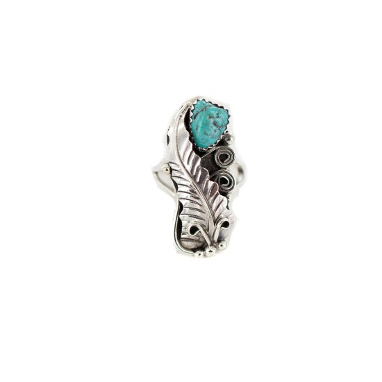 Leaf Navajo .925 Sterling Silver Certified Authentic Handmade Natural Turquoise Native American Ring Size 7 13089-1