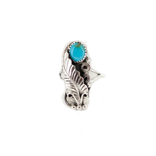 Leaf Navajo .925 Sterling Silver Certified Authentic Handmade Natural Turquoise Native American Ring Size 8 13090-4