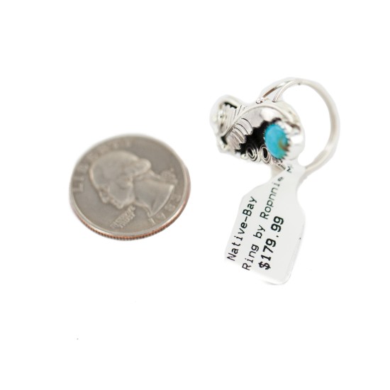 Leaf Navajo .925 Sterling Silver Certified Authentic Handmade Natural Turquoise Native American Ring Size 8 13090-4