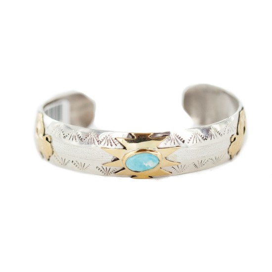 12kt Gold Filled and .925 Sterling Silver Certified Authentic Buffalo Handmade Navajo Natural Turquoise Native American Bracelet 13094-4