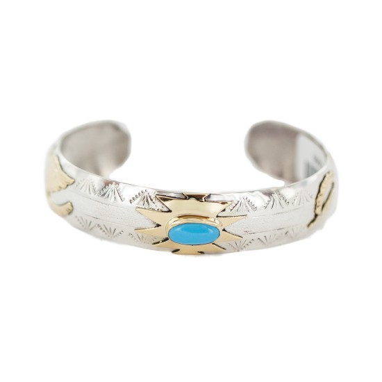 12kt Gold Filled and .925 Sterling Silver Certified Authentic Eagle Handmade Navajo Natural Turquoise Native American Bracelet  13095