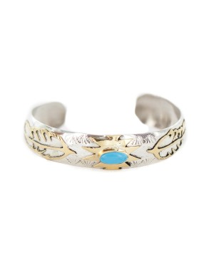 12kt Gold Filled and .925 Sterling Silver Certified Authentic Feather Handmade Navajo Natural Turquoise Native American Bracelet  13094-3