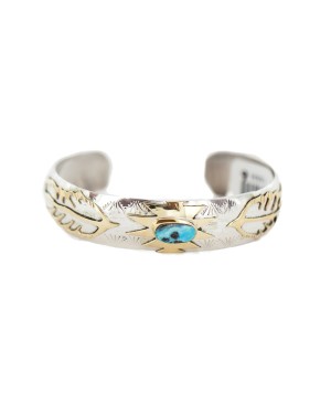 12kt Gold Filled and .925 Sterling Silver Certified Authentic Feather Handmade Navajo Natural Turquoise Native American Bracelet  13094-6
